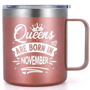 lifecapido birthday gifts for women, queens are born in november insulated coffee mug with handle 12oz, november birthdays gifts sagittarius scorpio gifts for mom her wife sister friend, rose gold