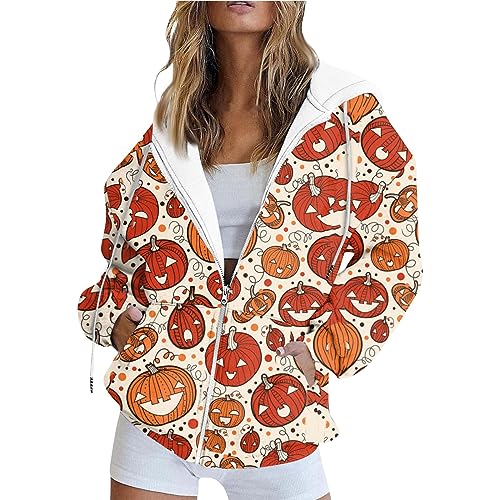 Halloween 2023 Womens Zip Up Hoodies Lightweight Graphic Sweatshirts Long Sleeve Cute Pullover Drawstring Sweatshirt with Pockets Search History Fall Winter Autumn