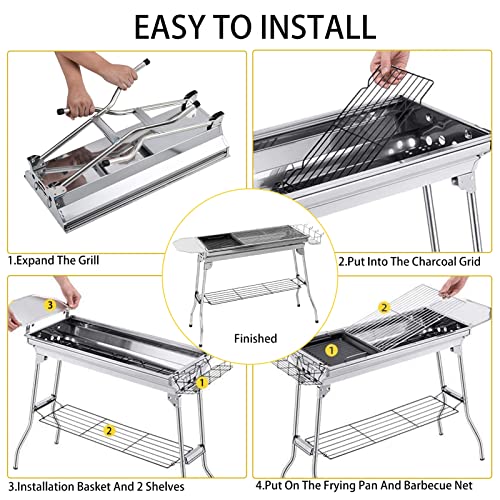 Outdoor Camping Grill Set Stainless Steel Portable Foldable Charcoal Grill, Large Size and Lightweight Design, Ldeal for Camping, Beach Parties, Picnics, Backyard BBQs and More