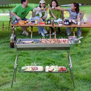 Outdoor Camping Grill Set Stainless Steel Portable Foldable Charcoal Grill, Large Size and Lightweight Design, Ldeal for Camping, Beach Parties, Picnics, Backyard BBQs and More