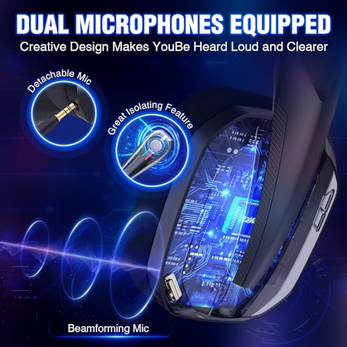 WolfLawS TA3000 Wireless Gaming Headset for PC, PS5, PS4, Switch, Mac, Bluetooth USB Over-Ear Headphones with Detachable and Built-in Mics, Noise Isolation, Low Latency, Lightweight