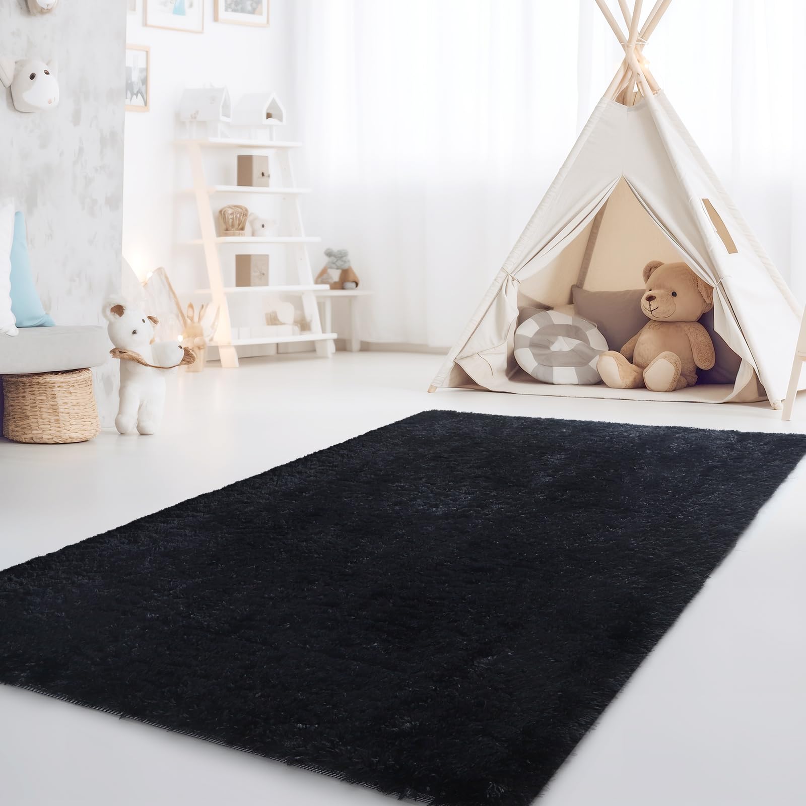 CRUGZ Black Area Rug 6x9 Feet, Ultra Soft Black Rugs for Living Room Decor, Shaggy Fluffy Black Carpet for Bedroom, Nursery Home Decor 72x108 Inch Black Alfombras Para Salas (6'x9' Black)