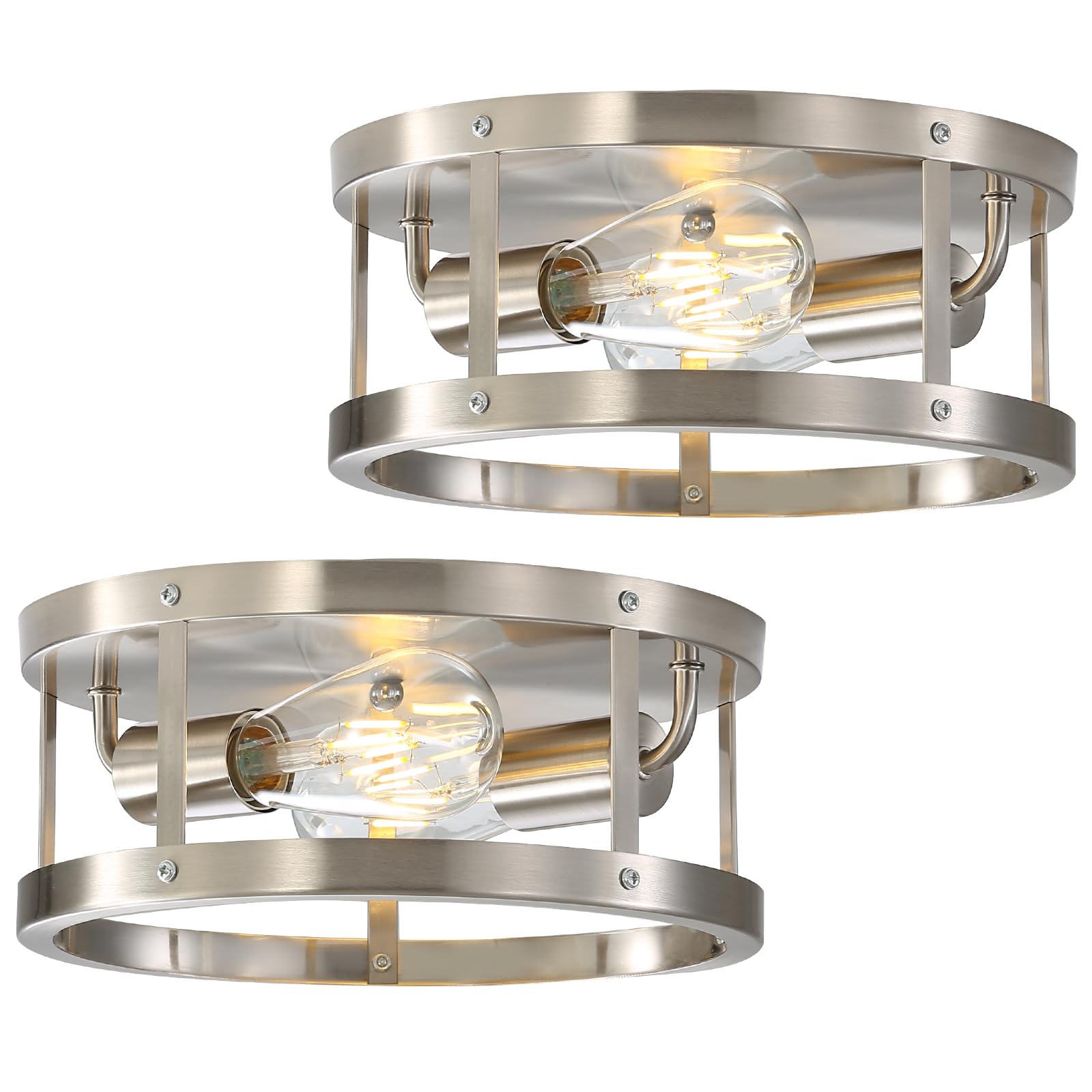 Sewterolyn 2-Light Industrial Flush Mount Ceiling Light Fixture,Brushed Nickel Farmhouse Ceiling Light Fixture,Modern Flush Mount Light Fixture for Kitchen Bedroom Living Room Hallway 2 Pack