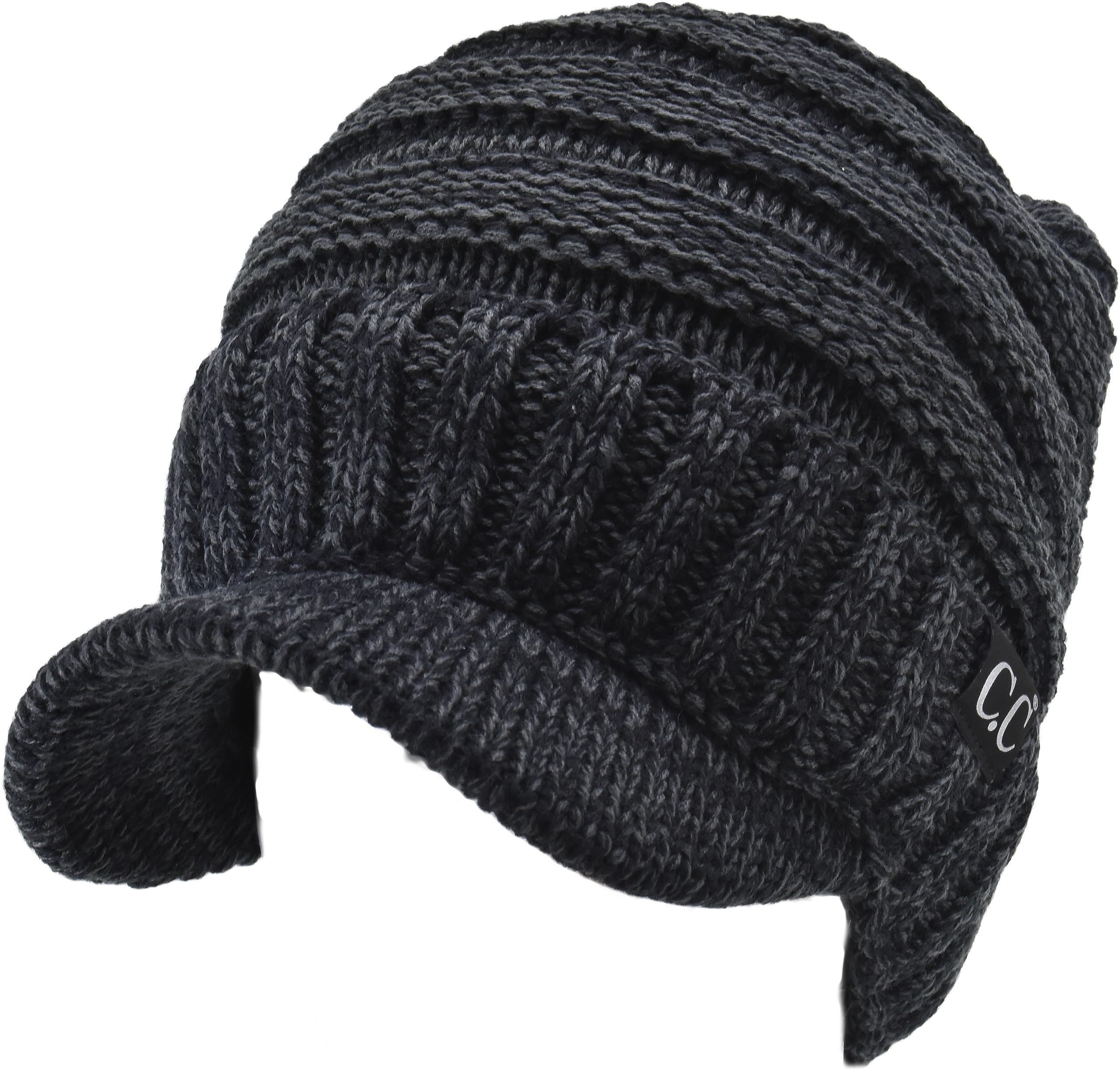 C.C Trendy Warm Oversized Chunky Soft Oversized Ribbed Slouchy Knit Hat with Visor Brim (Black/Charcoal)