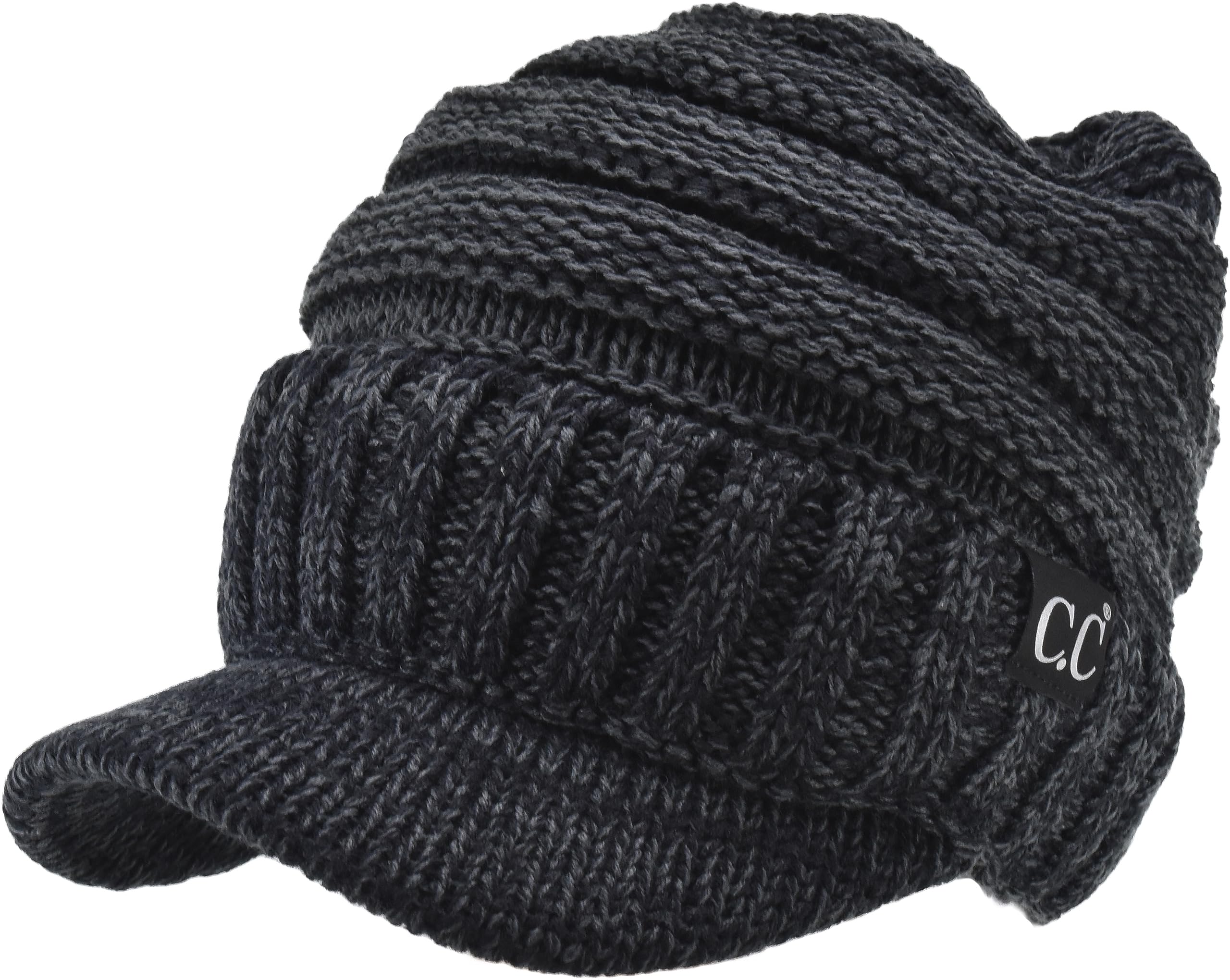 C.C Trendy Warm Oversized Chunky Soft Oversized Ribbed Slouchy Knit Hat with Visor Brim (Black/Charcoal)