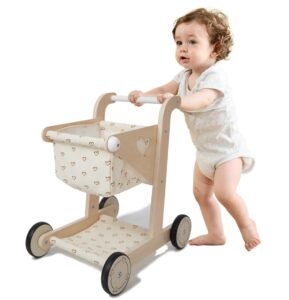 hopscotch squad baby wooden shopping cart push pull walker doll stroller for toddler, pretend peducational learning walker, play wagon with rubber wheel, larger size 16.5” x 111.4” x 18”