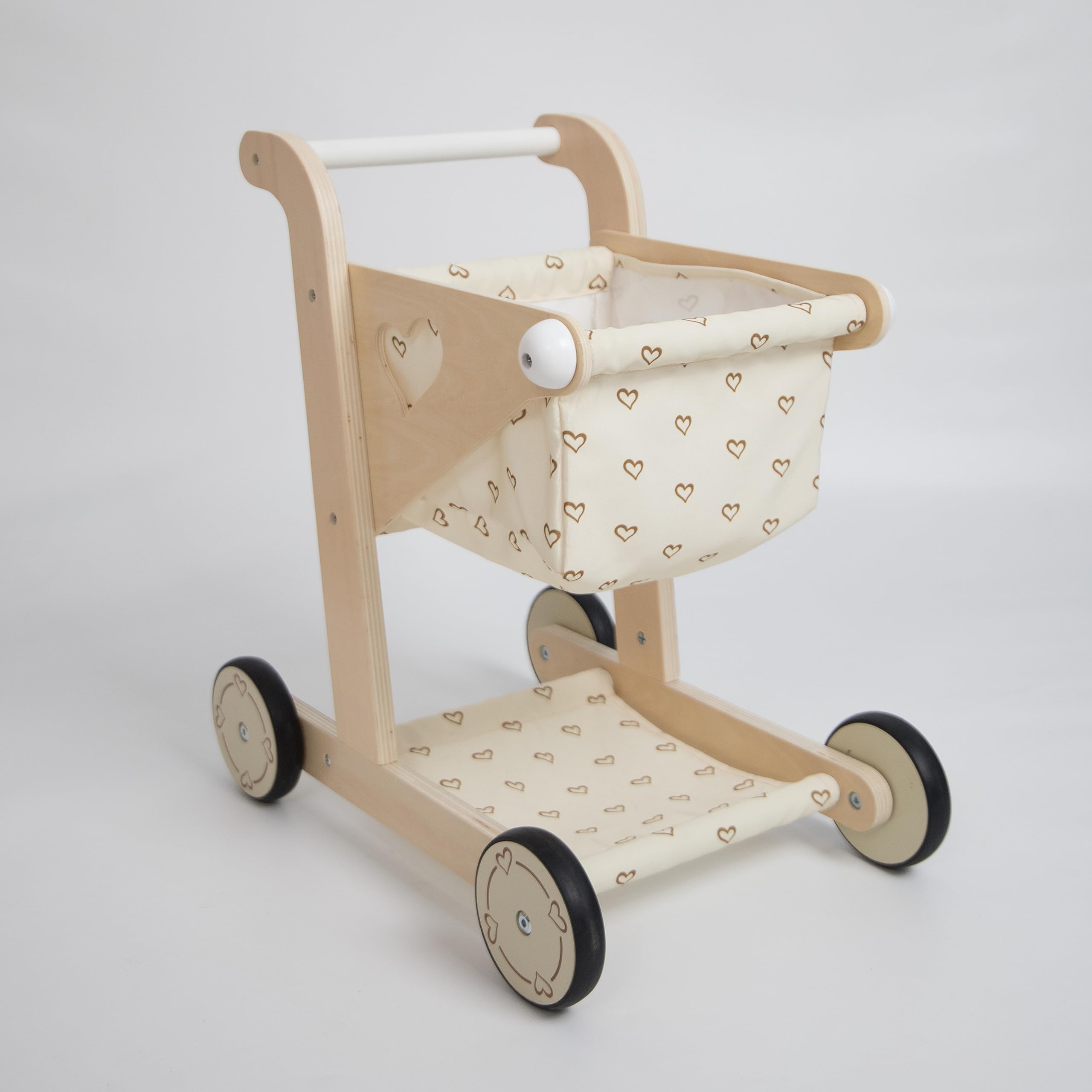 Hopscotch Squad Baby Wooden Shopping Cart Push Pull Walker Doll Stroller for Toddler, Pretend Peducational Learning Walker, Play Wagon with Rubber Wheel, Larger Size 16.5” x 111.4” x 18”