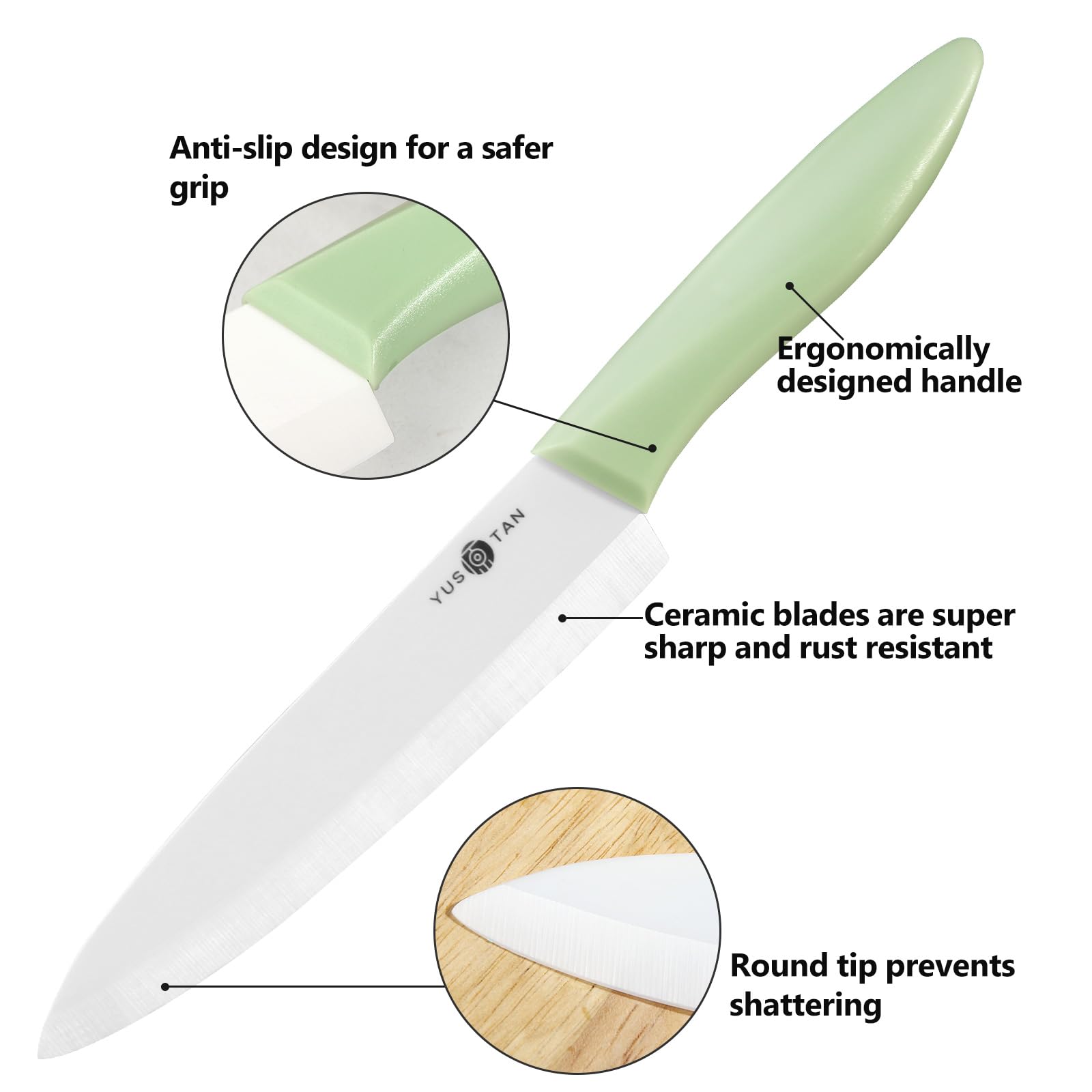 YUSOTAN Ceramic Chef Knife, 6-Inch Ceramic Kitchen Knife Chef's Knife with Sheath Cover, Sharp Shatterproof Ceramic Blade Edge, Ideal for Cutting Meats, Fruits and Vegetables Dishwasher safe(Green)