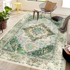 Green Area Rug 5'×7' Washable Boho Large Rug Non-slip Soft Oriental Vintage Carpet Living Room Dining Room Nursery Home Office Indoor Decor