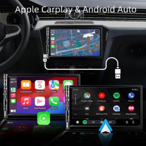 7'' Double Din Car Stereo,Apple Carplay,HD 1024*600 Touch Screen,FM Car Radio,Car Bluetooth 5.1 Hand-free Calling,GPS Navigation,Backup Camera,USB/TF/RCA,Physical Buttons,Android Auto,Apple Car Play