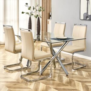 AISYKOD Dining Chairs Set of 4, Modern Dining Room Chair with Faux Leather Upholstered Seat High Back & Sturdy Chrome Silver Legs, Sillas De Comedor Chair for Dining Room,Kitchen,Living Room,Beige