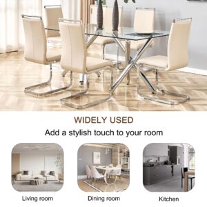 AISYKOD Dining Chairs Set of 4, Modern Dining Room Chair with Faux Leather Upholstered Seat High Back & Sturdy Chrome Silver Legs, Sillas De Comedor Chair for Dining Room,Kitchen,Living Room,Beige