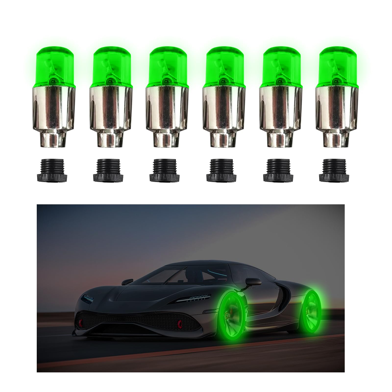 Augeny 6 PCS LED Tire Valve Stem Cap Lights, Neon Spoke Flash Light Bulb Tire Valve Lights, Waterproof Wheel Tyre Valve Dust Cap, Auto Accessories for Car Truck Motorcycle Bike (Green)