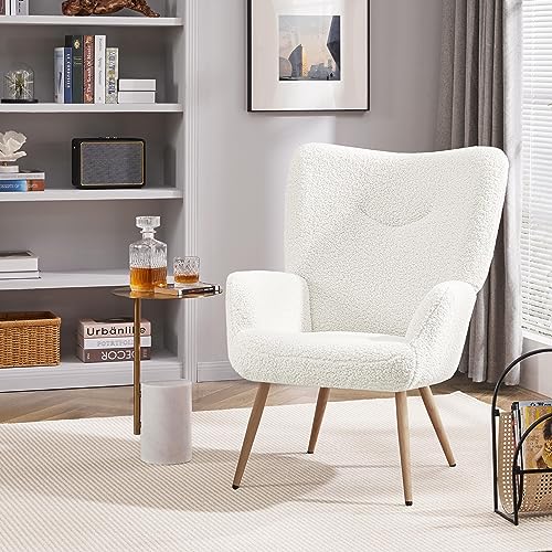 Yaheetech Barrel Chair, Teddy Fabric Casual Chair with High Back and Soft Padded, Modern Fuzzy Vanity Chair, Cozy Armchair for Living Room Bedroom Makeup Room, White