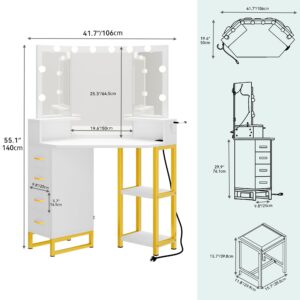YITAHOME Vanity Desk with Lights, Power Outlet, 3 Color Options, Storage Drawers, Shelves, Stool - White