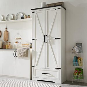 JXQTLINGMU 72" Tall Farmhouse Kitchen Pantry with Adjustable Shelves, Large Wood Kitchen Storage Cabinets with 2 Barn Doors & Drawer, Versatile Storage for Dining Room, Bathroom, Antique White