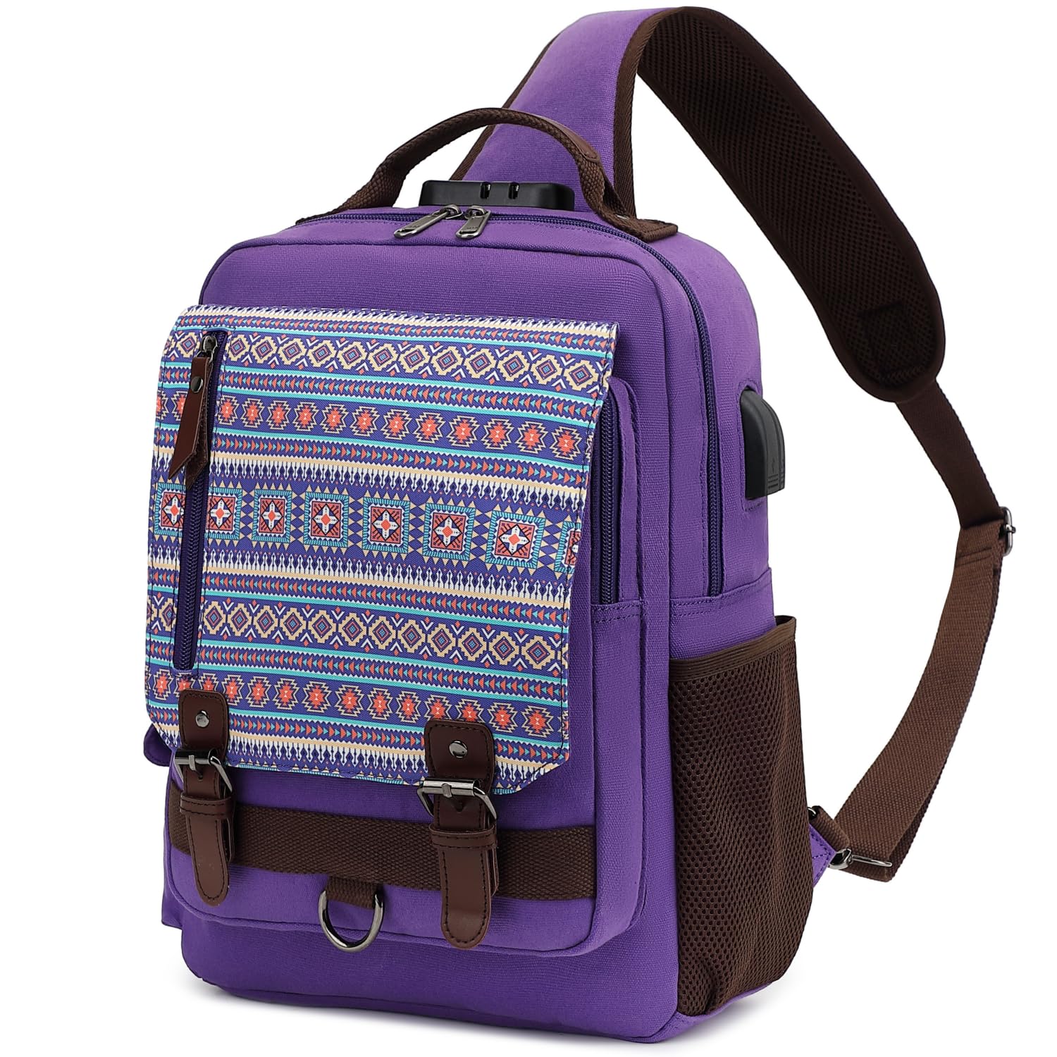 Leaper Retro Crossbody Bag Sling Bag Canvas Messenger Bag for Men Women Shoulder Bag Crossbody Handbags Satchel Geometric Purple, XL