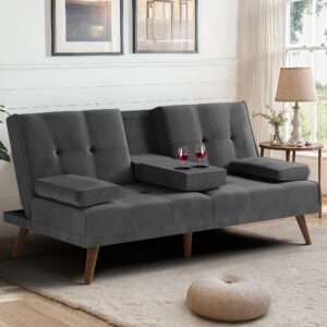 meilocar sofa bed velvet, 60" loveseat futon sofa bed with removable armrests, adjustable recliner guest bed daybed sofa for small space, cup holders, 3 angles, gray