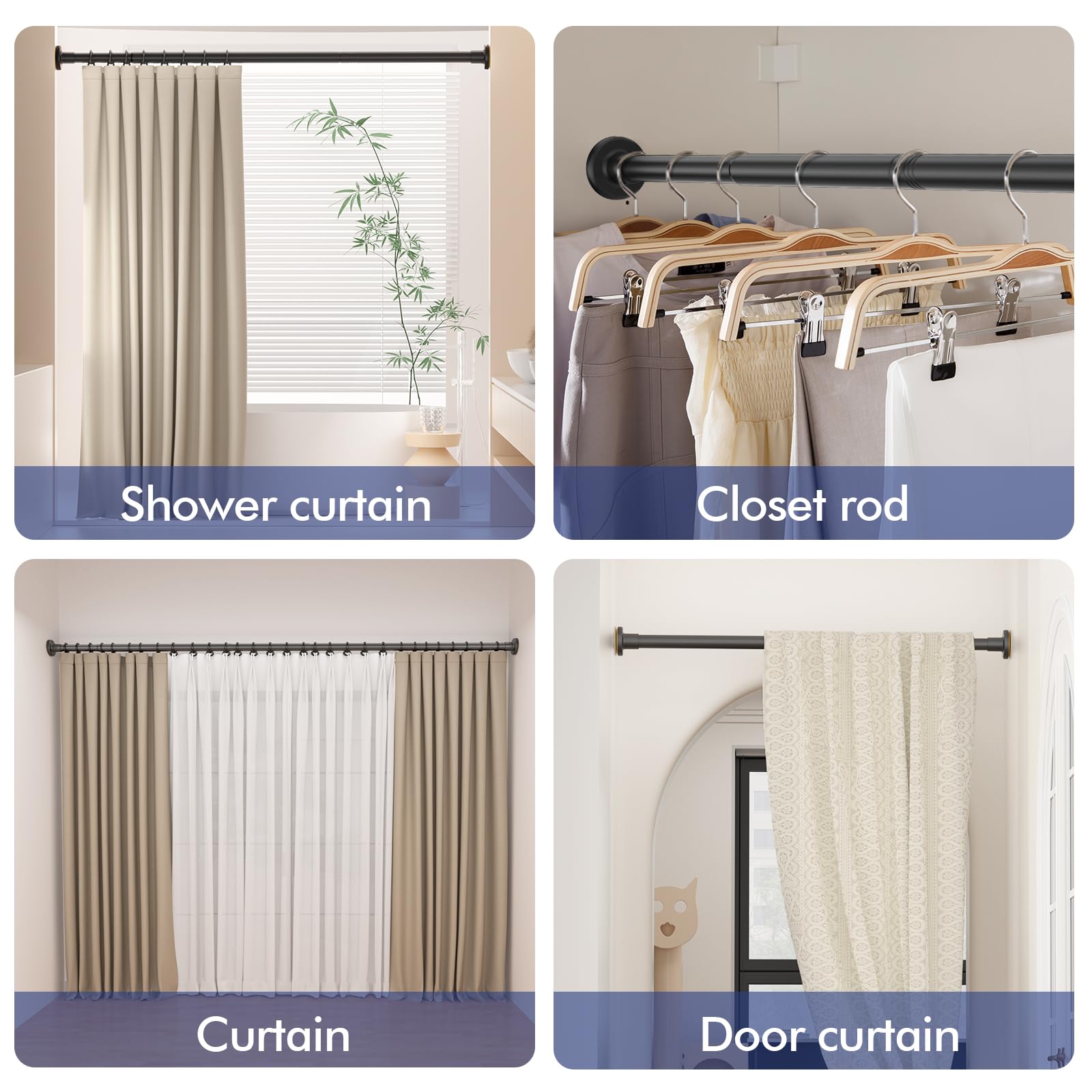 Shower Curtain Rod Adjustable 32"-80", No Drill Curtain Rod Black Tension Shower Curtain Rod Stainless Steel Rust Proof Shower Rods for Bathroom, Shower Stall