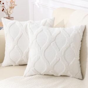 decoruhome decorative throw pillow covers 18x18 set of 2, soft plush faux fur wool pillow covers for couch bed sofa living room, cream white