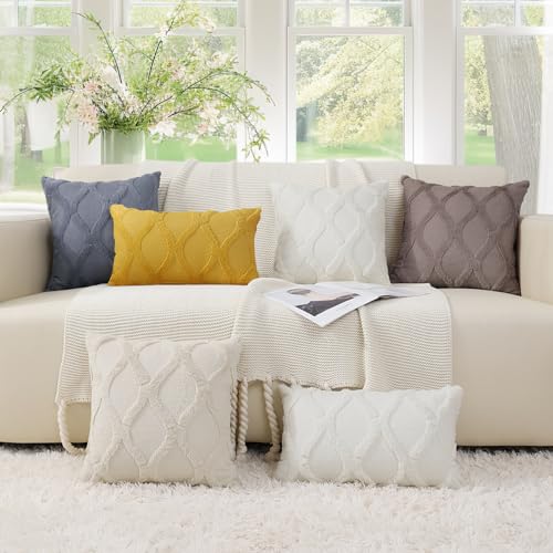 decorUhome Decorative Throw Pillow Covers 18x18 Set of 2, Soft Plush Faux Fur Wool Pillow Covers for Couch Bed Sofa Living Room, Cream White