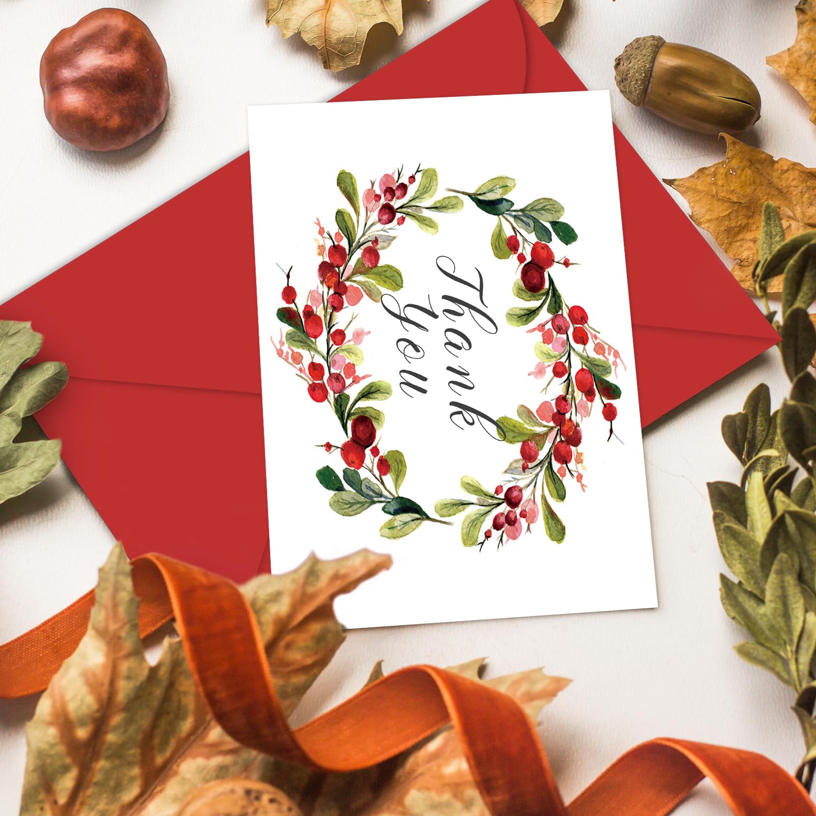 AnyDesign 30 Pack Christmas Thank You Cards Bulk Watercolor Floral Garland Greeting Cards with Envelope Sticker Flower Blank Note Cards