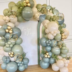 dusty green blue balloon garland arch kit,green ash mist green blue haze fog blue sand white gold balloons for jungle safari neutral birthday baby shower wedding birthday party decorations