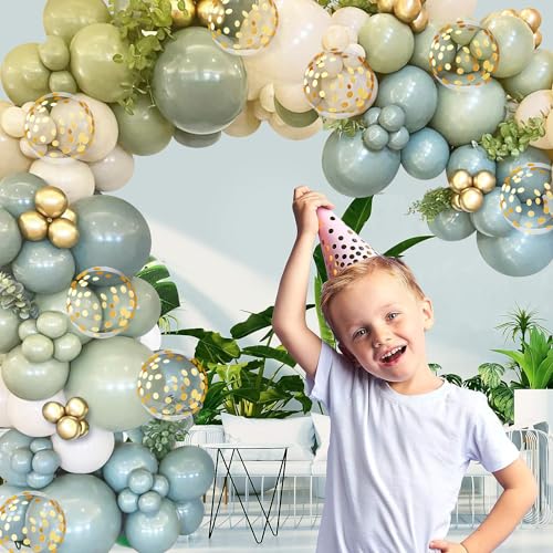 Dusty Green Blue Balloon Garland Arch Kit,Green Ash Mist Green Blue Haze Fog Blue Sand White Gold Balloons for Jungle Safari Neutral Birthday Baby Shower Wedding Birthday Party Decorations