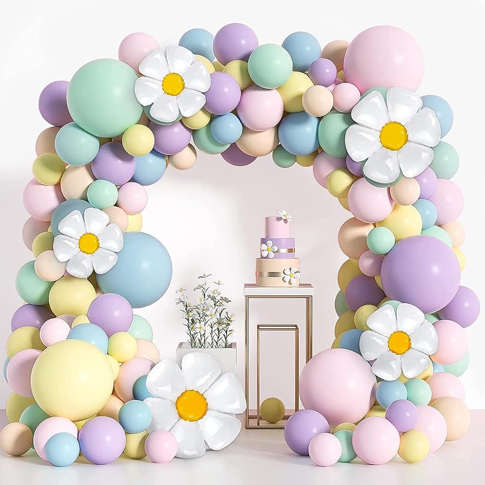 Daisy Balloon Garland Arch Kit, 117PCS Macaron Pastel Pink Yellow Pink Blue Green Balloons Garland with Groovy Daisy Flower for Baby Shower Wedding Girls Birthday Two Groovy Boho Party Decoration