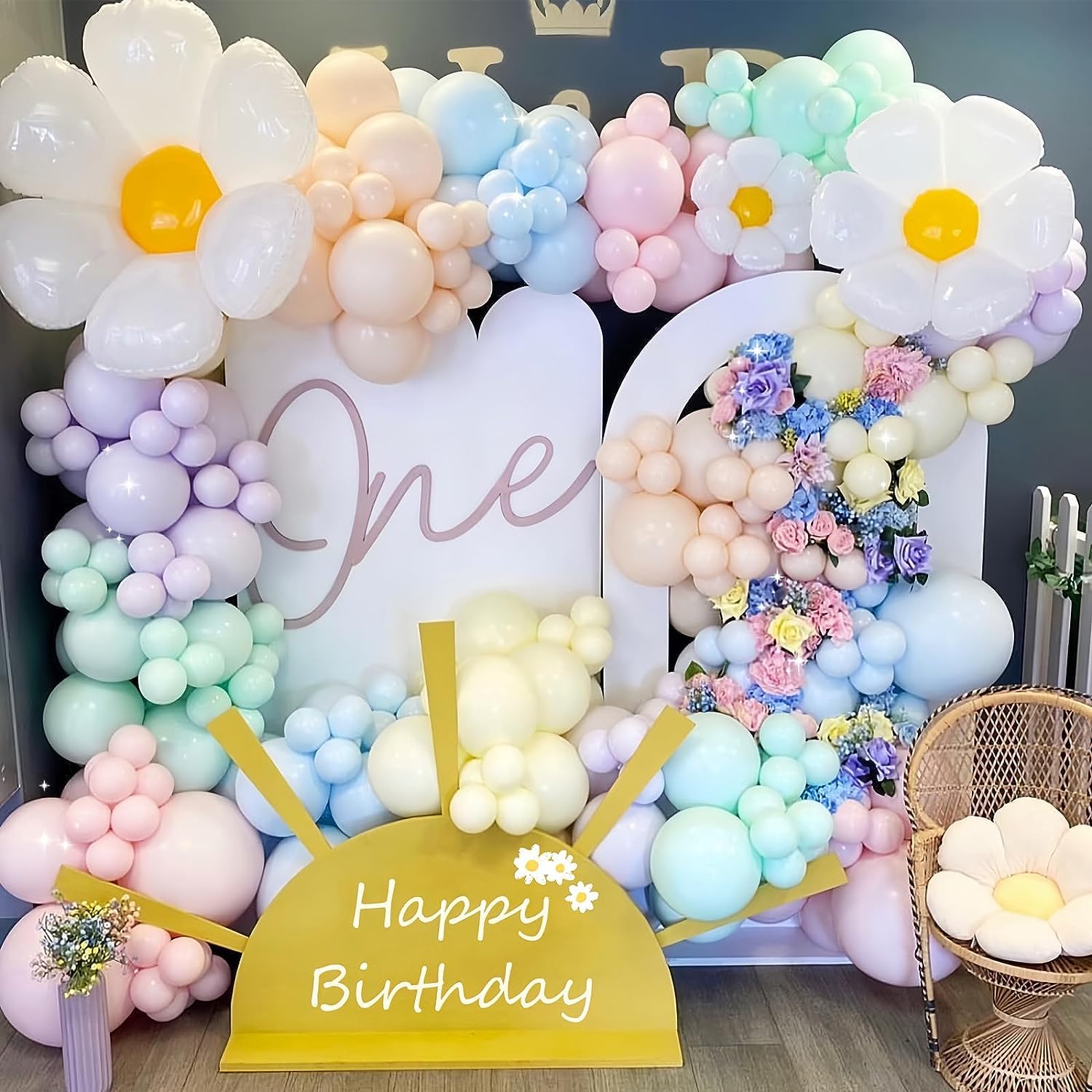 Daisy Balloon Garland Arch Kit, 117PCS Macaron Pastel Pink Yellow Pink Blue Green Balloons Garland with Groovy Daisy Flower for Baby Shower Wedding Girls Birthday Two Groovy Boho Party Decoration