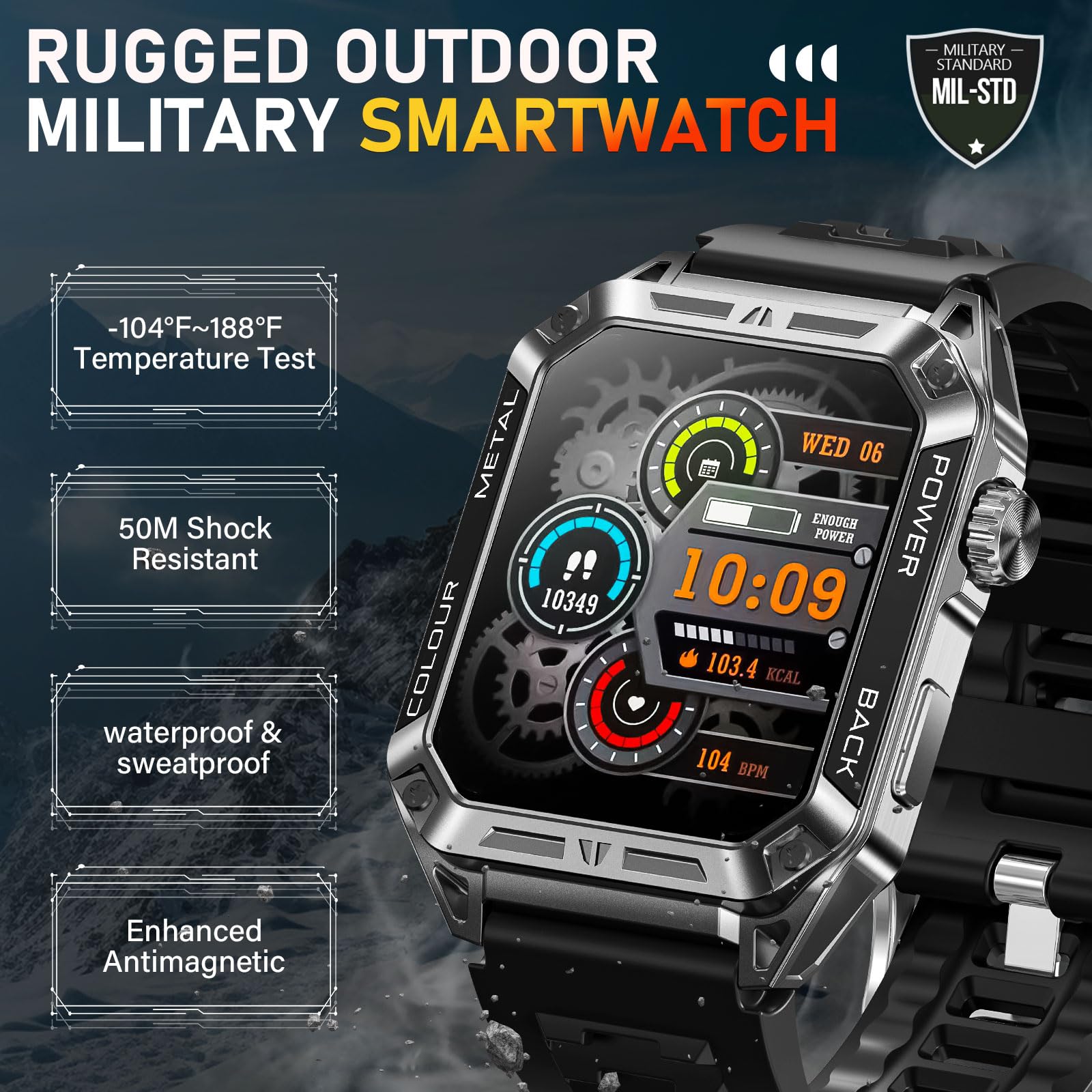 Military Smart Watch for Men 1.91'' Big Screen (Make/Answer Call) Rugged Fitness Tracker 108+ Sports Modes Activity Tracker with Heart Rate SpO2 Sleep Monitor Tactical Smartwatch for iPhone Android