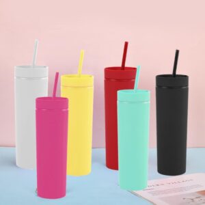 momocici Matte Skinny Tumblers Bulk.16oz Pastel Colored Skinny Tumblers with Lids and Straws.Double Walled Plastic Acrylic Smoothie Tea Iced Coffee Tumbler Cups.Slim Black Tumbler Set.(Black)