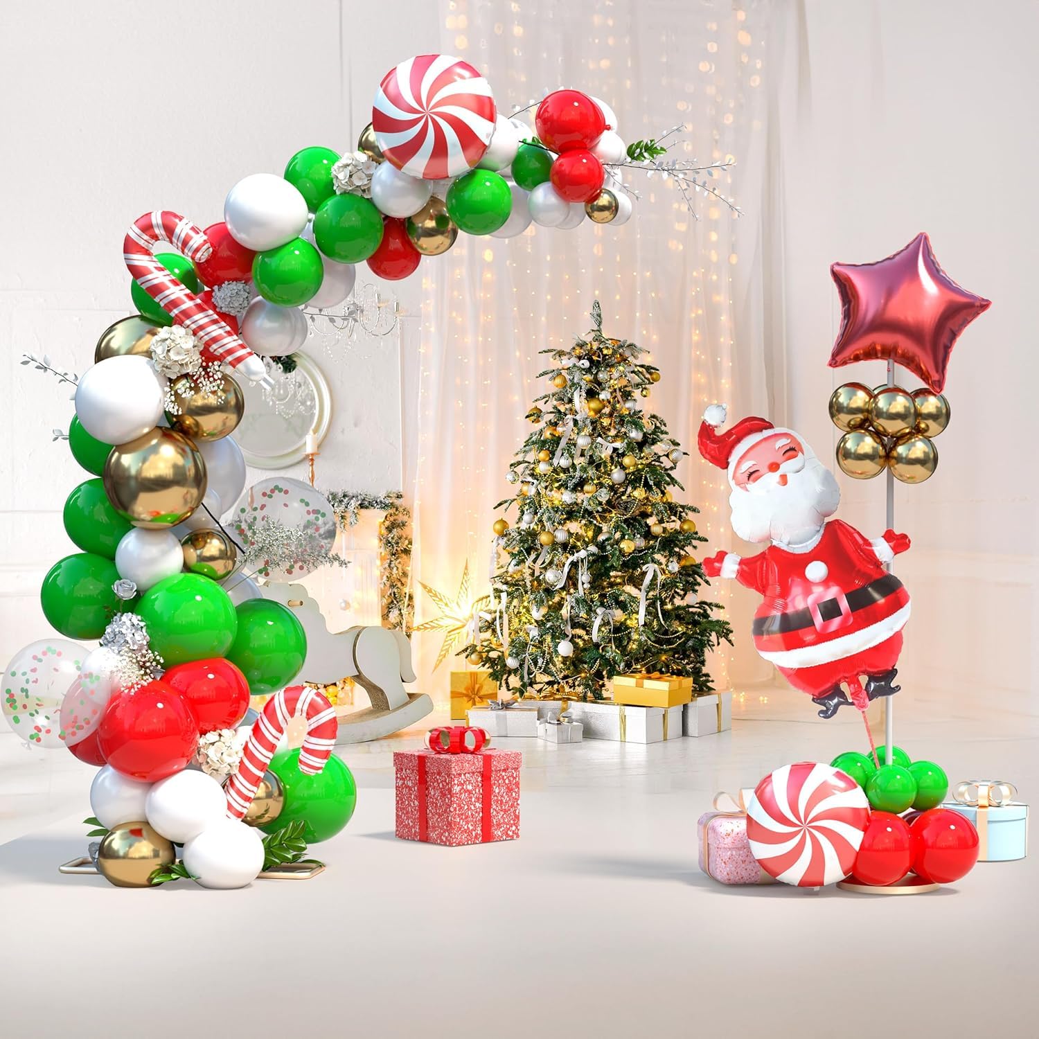 134 Pcs Christmas Balloon Garland kit, Green Red White Gold Balloons Garland Arch Kit, Xmas Candy Cane Foil Balloons Santa Claus Red Star Balloons for New Year Christmas Party Decorations Supply