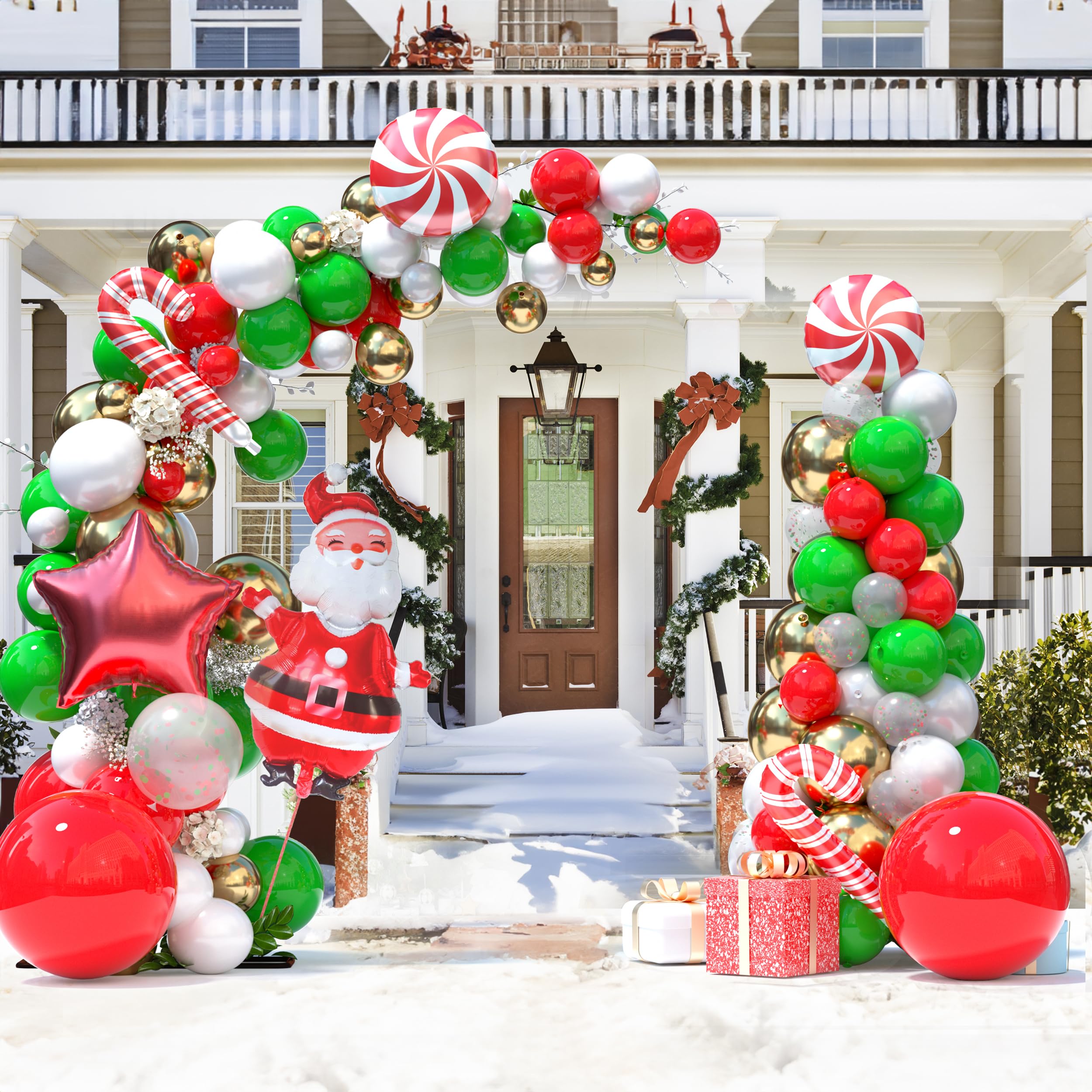 134 Pcs Christmas Balloon Garland kit, Green Red White Gold Balloons Garland Arch Kit, Xmas Candy Cane Foil Balloons Santa Claus Red Star Balloons for New Year Christmas Party Decorations Supply