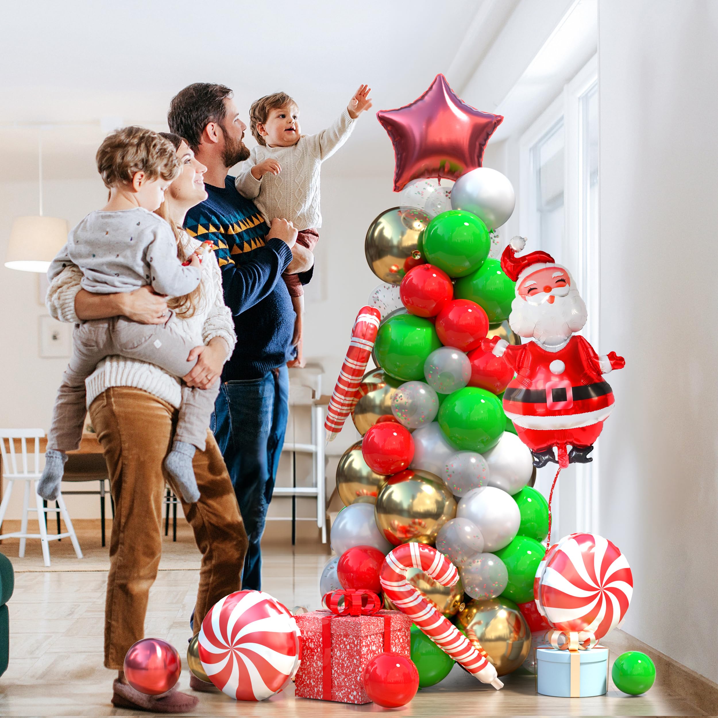 134 Pcs Christmas Balloon Garland kit, Green Red White Gold Balloons Garland Arch Kit, Xmas Candy Cane Foil Balloons Santa Claus Red Star Balloons for New Year Christmas Party Decorations Supply