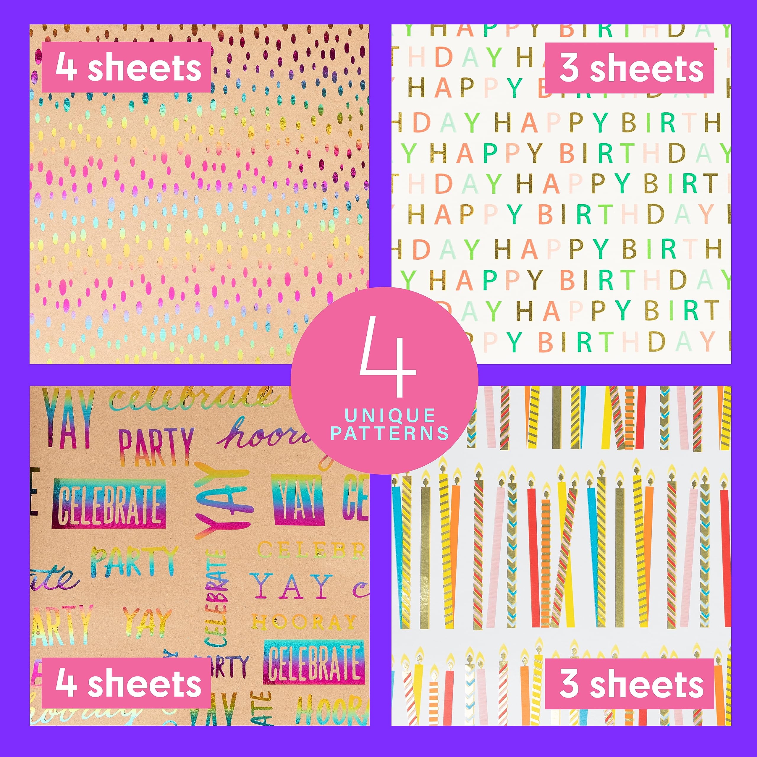 Plum Designs Gift Wrapping Paper Sheets- Happy Birthday Wrapping Paper Girl, Fun Wrapping Paper for Birthday Girl, 14 Sheets Gift Wrap Paper (Cute Fun Theme) (Kraft Birthday THeme) (Stunning Kraft Birthday)