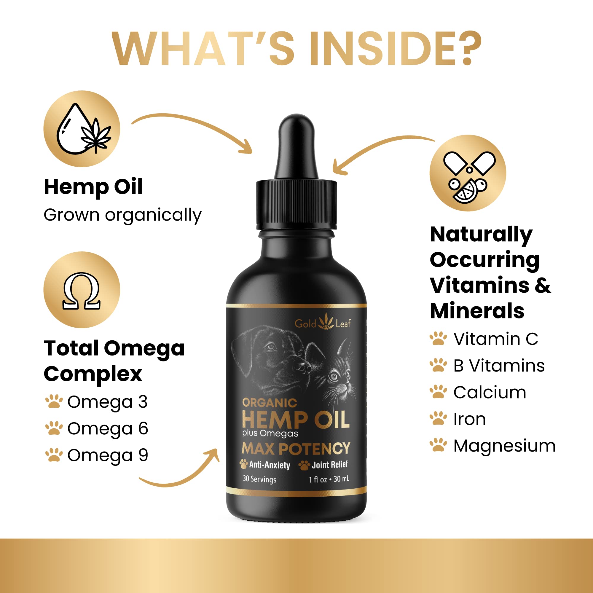 Gold Leaf Hemp Oil for Dogs and Cats - Maximum Strength - Organically Grown Hemp Oil Drops - Anxiety Relief, Calming Sleep Aid, & Relaxing Pain Relief - Better Than Chews & Treats - for All Breeds