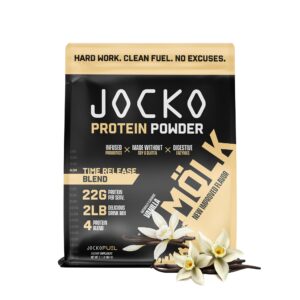 jocko mölk whey protein powder - keto, probiotics, grass fed, digestive enzymes, amino acids, sugar free monk fruit blend - supports muscle recovery & growth (2 lb, vanilla)