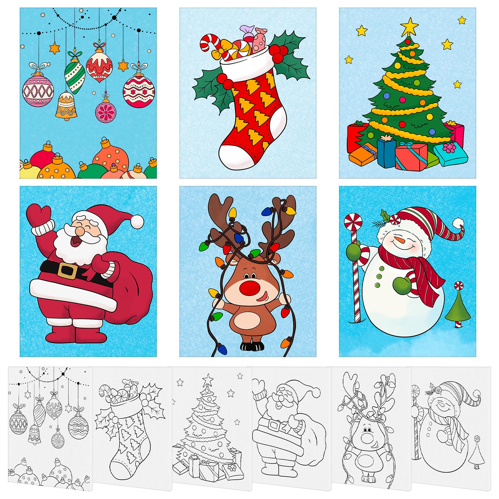 6 Pack 8x10 Inches Christmas Theme Pre Drawn Canvas to Paint, Pre Printed Canvas for Ladies Sip and Paint Party Favor, Pre Sketched Canvas for Painting for Adults