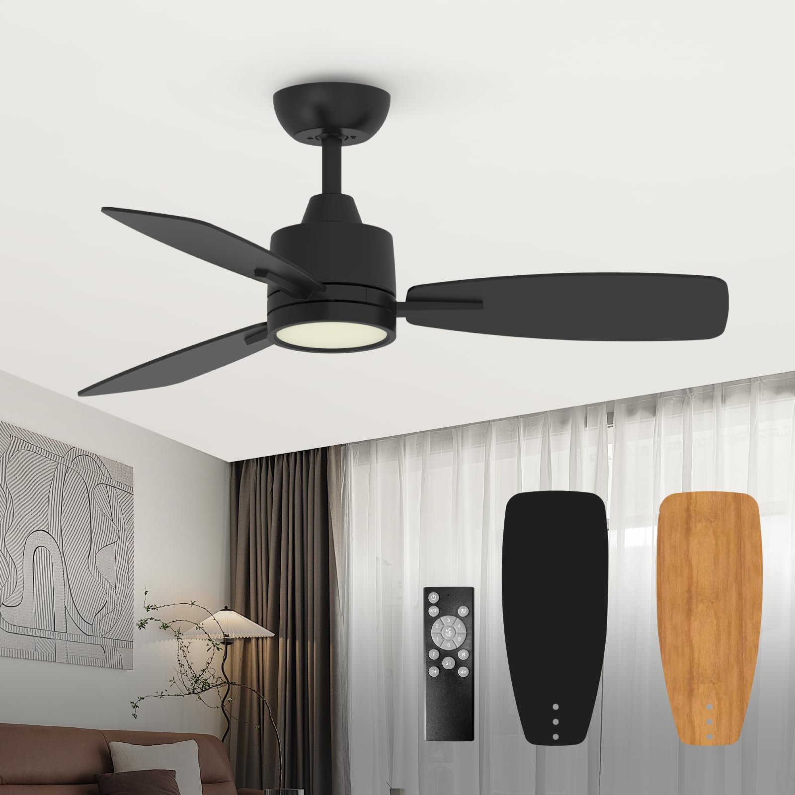 TALOYA 42 Inch Black Ceiling Fans with Lights Led Remote Control Flush Mount Low Profile for Bedroom Farmhouse Patio Outdoor Living Room Kitchen Dining Room,DC Motor,Reversible,3 Color Temperatures