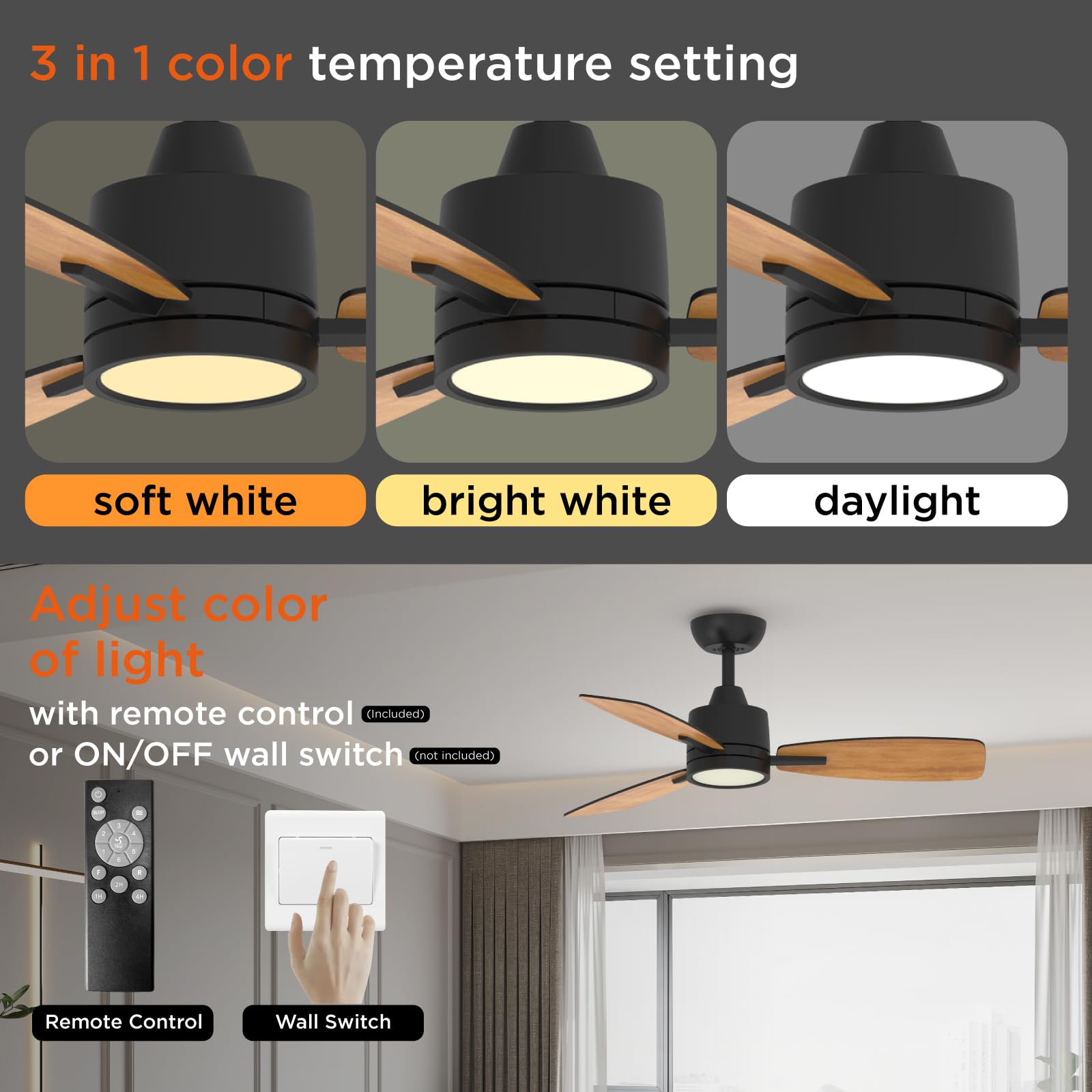 TALOYA 42 Inch Black Ceiling Fans with Lights Led Remote Control Flush Mount Low Profile for Bedroom Farmhouse Patio Outdoor Living Room Kitchen Dining Room,DC Motor,Reversible,3 Color Temperatures