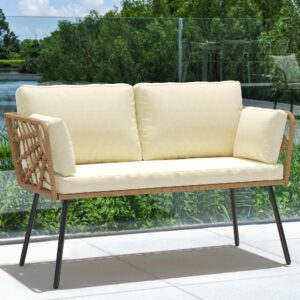 yitahome wicker outdoor loveseat, all-weather patio sofa for balcony, backyard, pool, porch, deck, outdoor sectional furniture set with table & cushions - beige