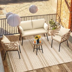 YITAHOME Wicker Outdoor Loveseat, All-Weather Patio Sofa for Balcony, Backyard, Pool, Porch, Deck, Outdoor Sectional Furniture Set with Table & Cushions - Beige