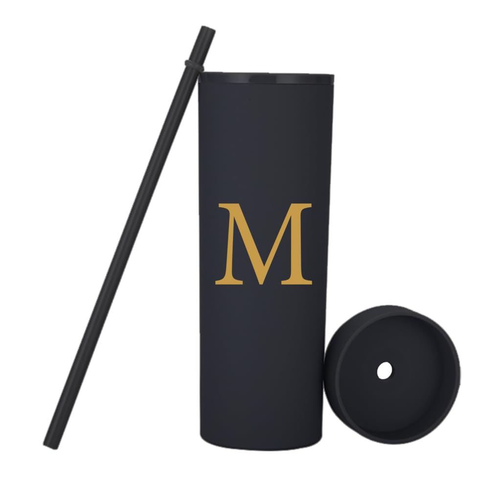 Personalized Letter M Skinny Tumbler.16oz Matte Initial Skinny Tumblers with Lids and Straws.Personalized Custom Slim tumblers Cups Gifts.Novelty Birthday Christmas Gifts for Men Women.