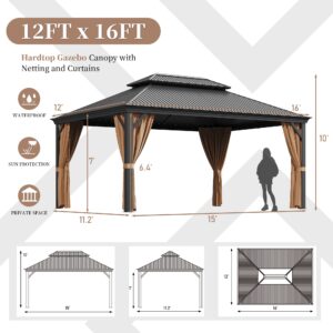 Greesum 12'x16' Hardtop Metal Gazebo, Outdoor Galvanized Steel Double Roof Canopy, Aluminum Frame Permanent Pavilion with Netting and Curtains for Lawns, Patio, Backyard and Deck