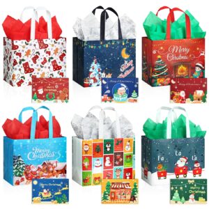 jmanni gift bags (6pc) - christmas bags with tissue paper & cards, non-woven, durable, reusable, for gifts wrapping, holiday parties & shopping