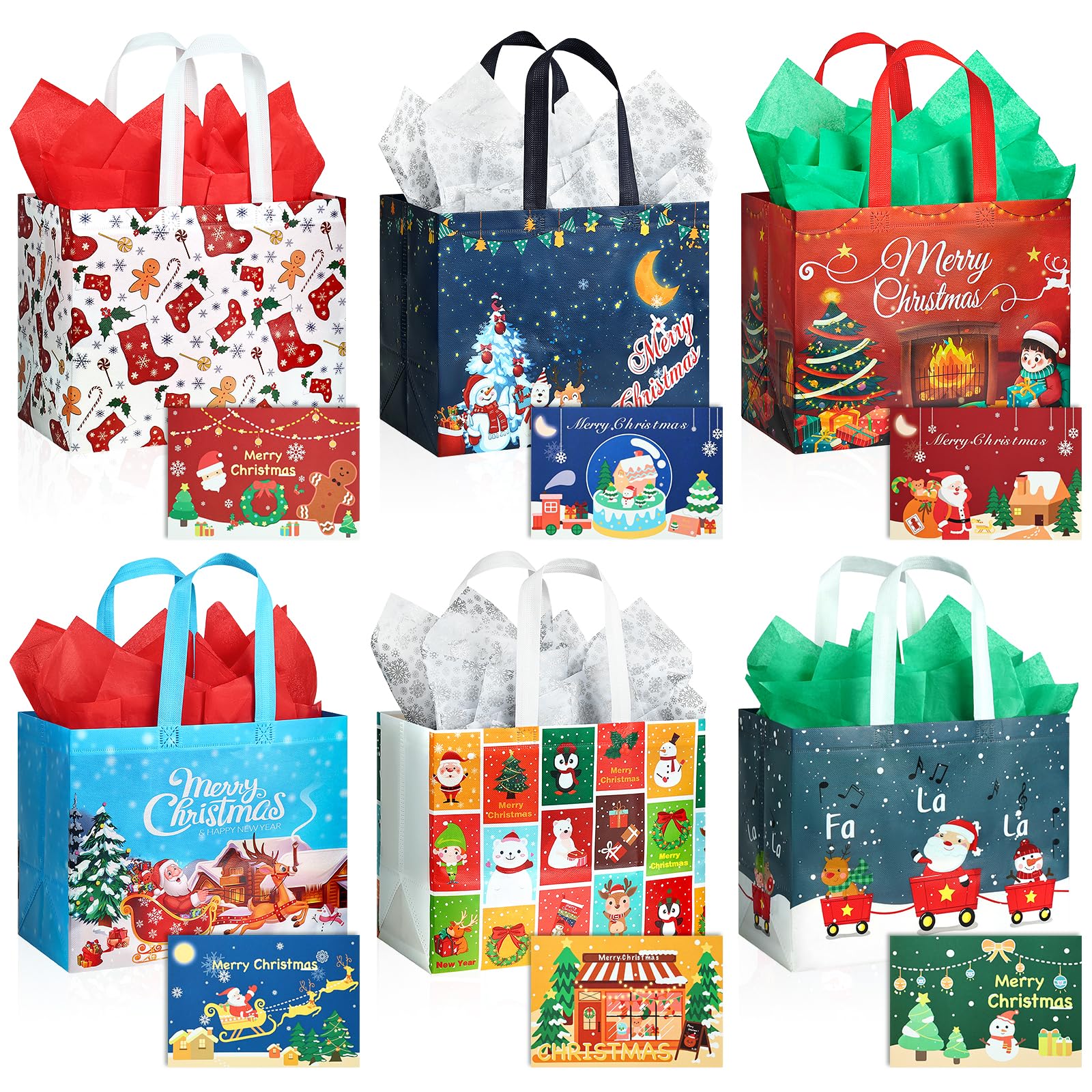 JMANNI Gift Bags (6pc) - Christmas Bags with Tissue Paper & Cards, Non-Woven, Durable, Reusable, for Gifts Wrapping, Holiday Parties & Shopping