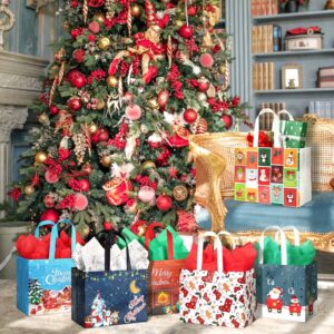 JMANNI Gift Bags (6pc) - Christmas Bags with Tissue Paper & Cards, Non-Woven, Durable, Reusable, for Gifts Wrapping, Holiday Parties & Shopping