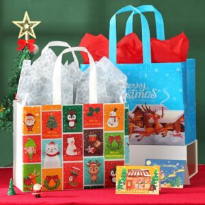 JMANNI Gift Bags (6pc) - Christmas Bags with Tissue Paper & Cards, Non-Woven, Durable, Reusable, for Gifts Wrapping, Holiday Parties & Shopping