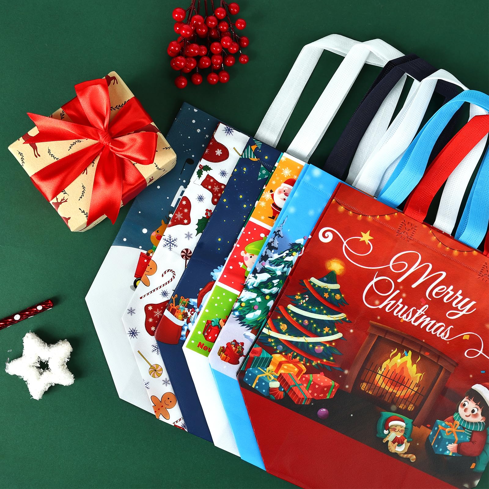 JMANNI Gift Bags (6pc) - Christmas Bags with Tissue Paper & Cards, Non-Woven, Durable, Reusable, for Gifts Wrapping, Holiday Parties & Shopping